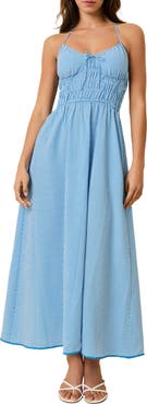 Solid & Striped Lolita Gingham Shirred Halter Seersucker Maxi Sundress