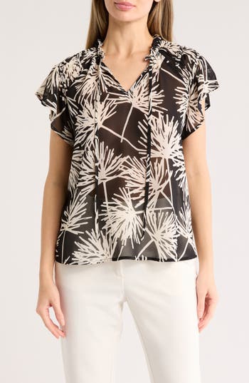 Pleione Flutter Sleeve Split Neck Top In Brown