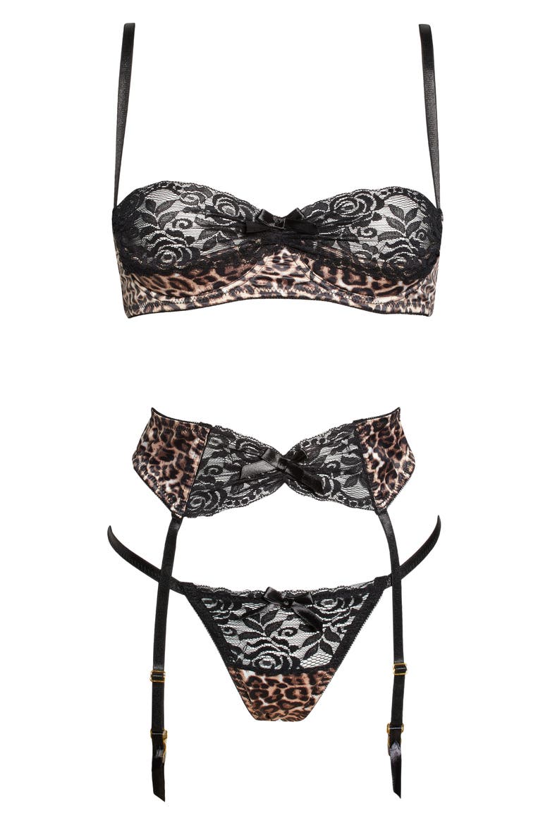 Jolene Leopard Print Underwire Bra, Thong & Garter Belt Set, Alternate, color, LEOPARD/ BLACK