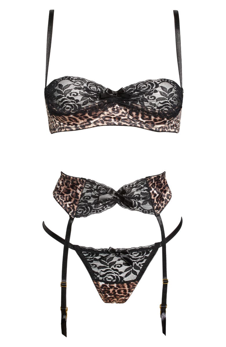 Oh La La Cheri Jolene Leopard Print Underwire Bra, Thong & Garter Belt Set, Alternate, color, 