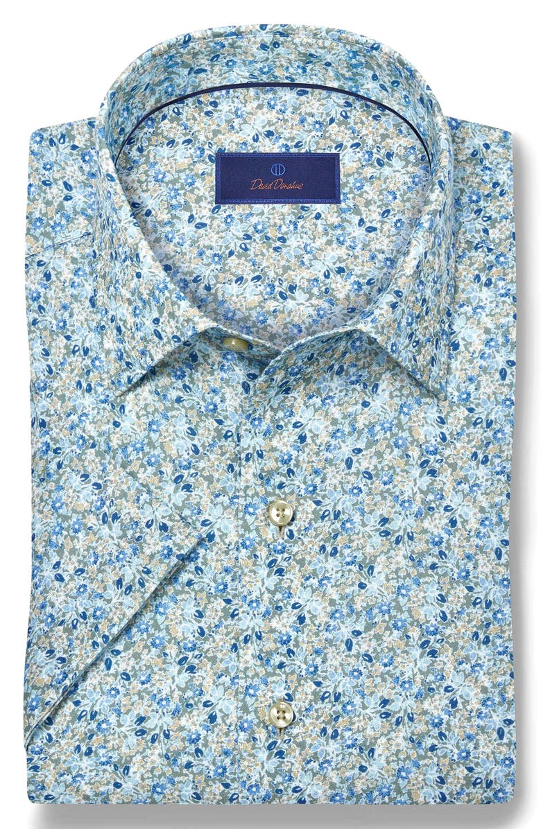 David Donahue Floral Short Sleeve Linen & Cotton Button-Up Shirt, Alternate, color, Sage/ Multi