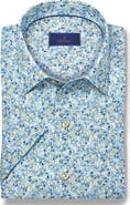 David Donahue Floral Short Sleeve Linen & Cotton Button-Up Shirt