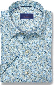 David Donahue Floral Short Sleeve Linen & Cotton Button-Up Shirt