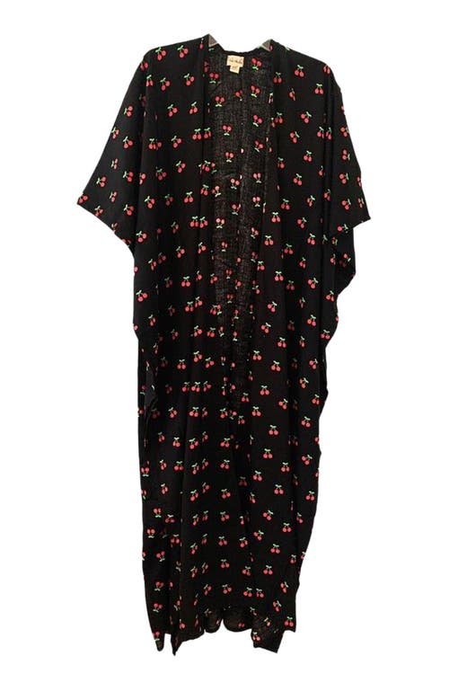 Pink Haley Nostalgic Cherry-print Travel Kimono Duster In Black