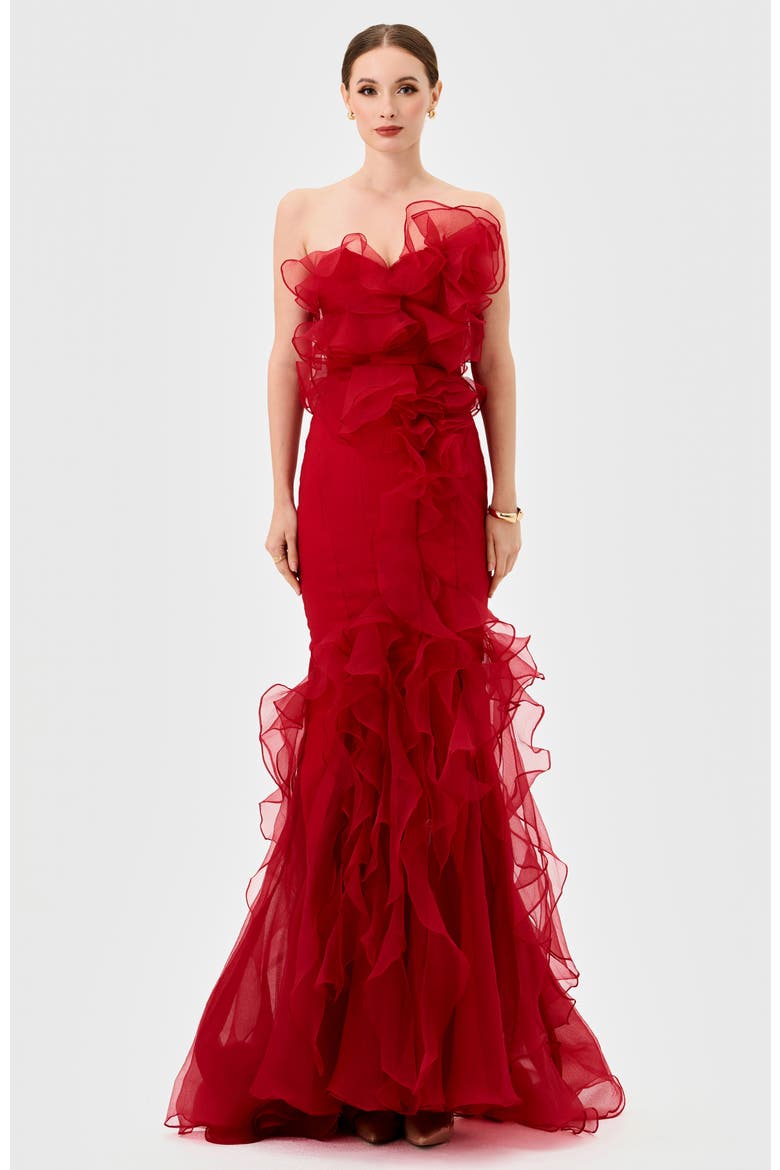 Zita Strapless Ruffle Gown, Main, color, RED