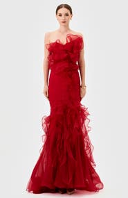 Bariano Zita Strapless Ruffle Gown