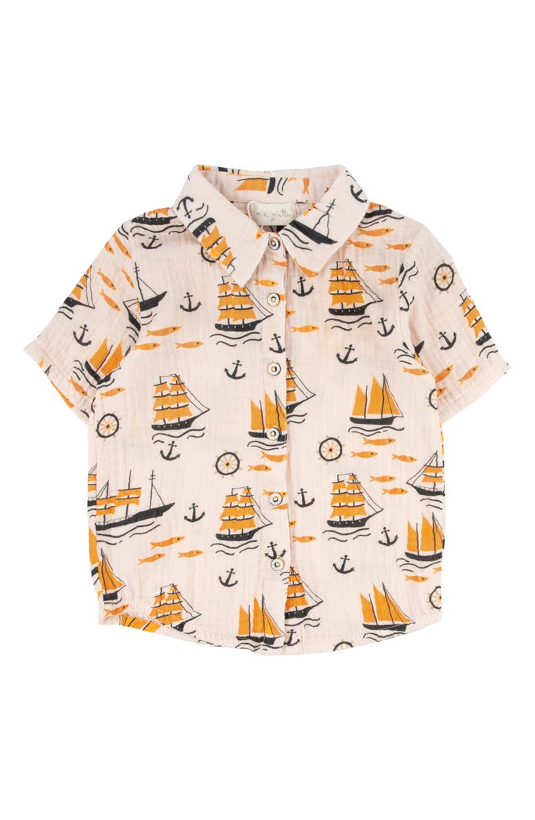 Miki Miette Kids' Jerry Ship Print Short Sleeve Cotton Button-Up Shirt, Main, color, 