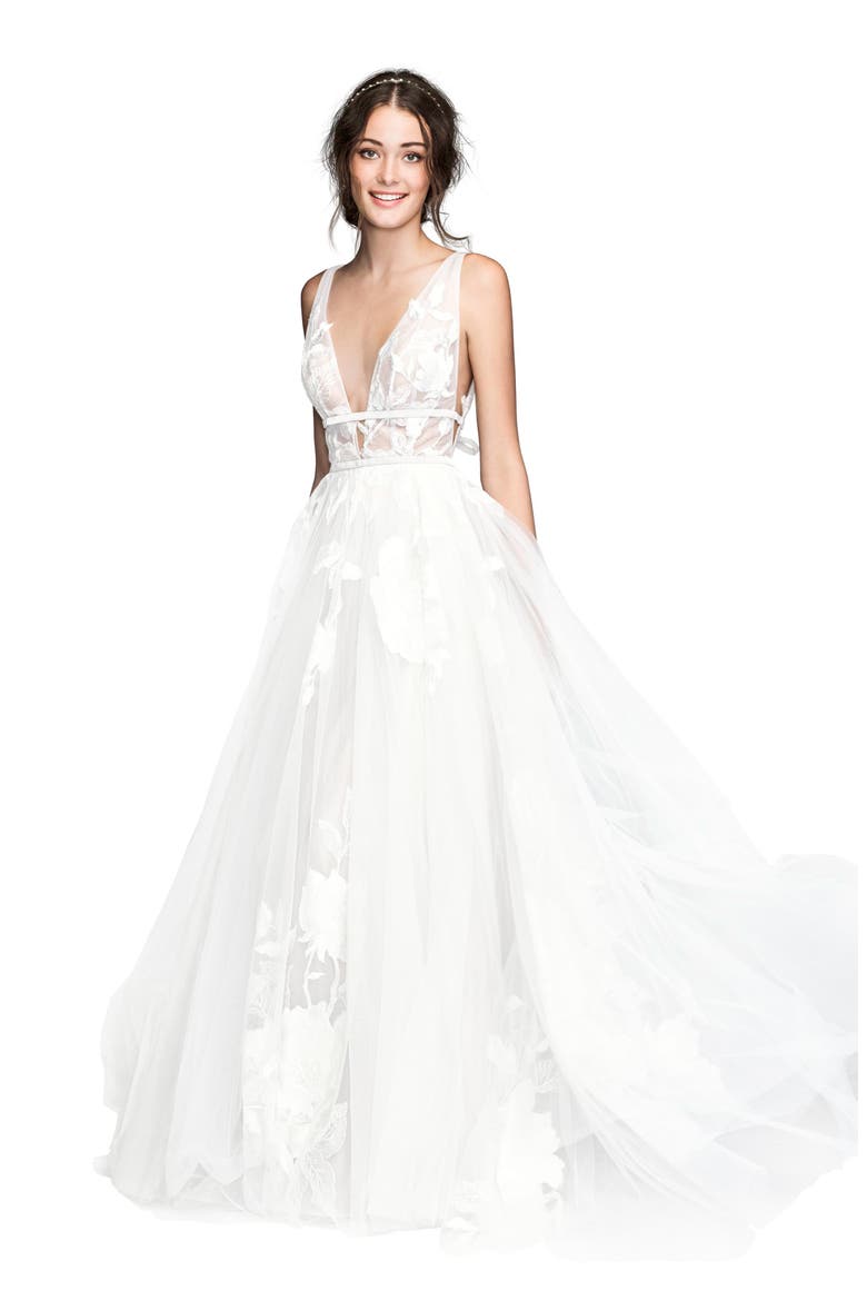 Galatea Embroidered V-Neck Tulle Wedding Dress, Main, color, IVORY