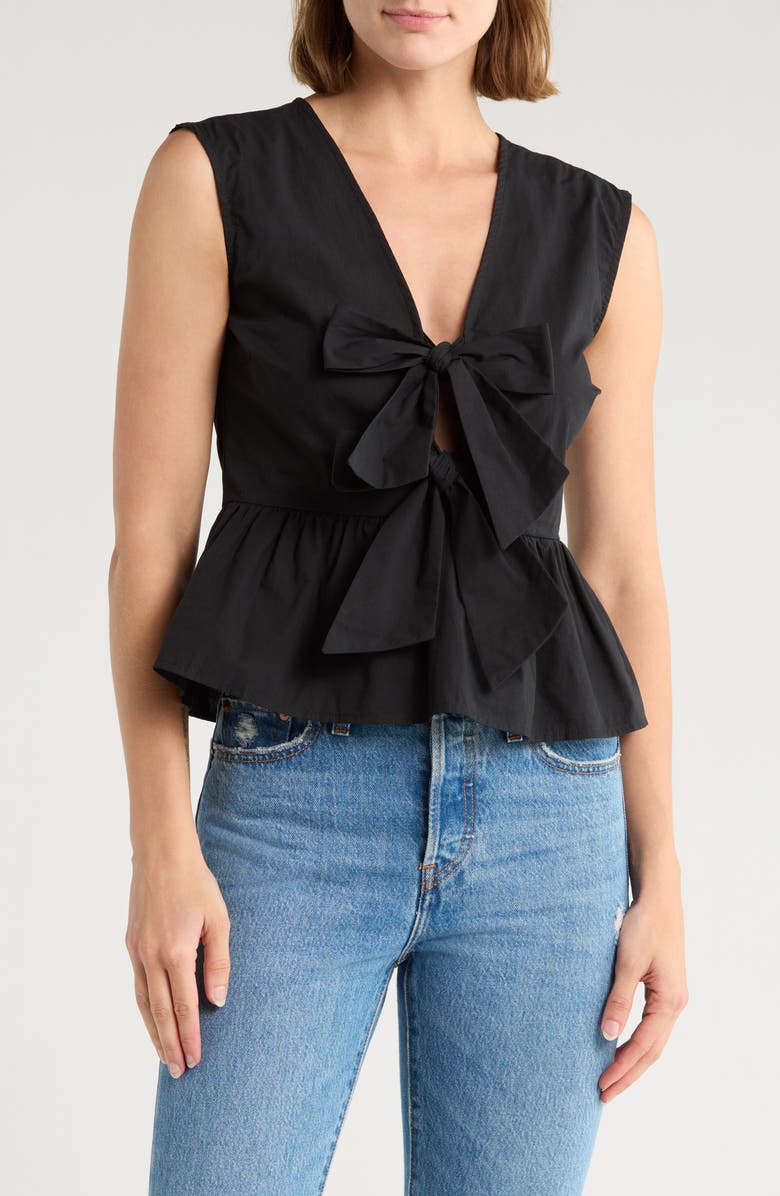 NSR Tie Front Poplin Peplum Top, Main, color, Black