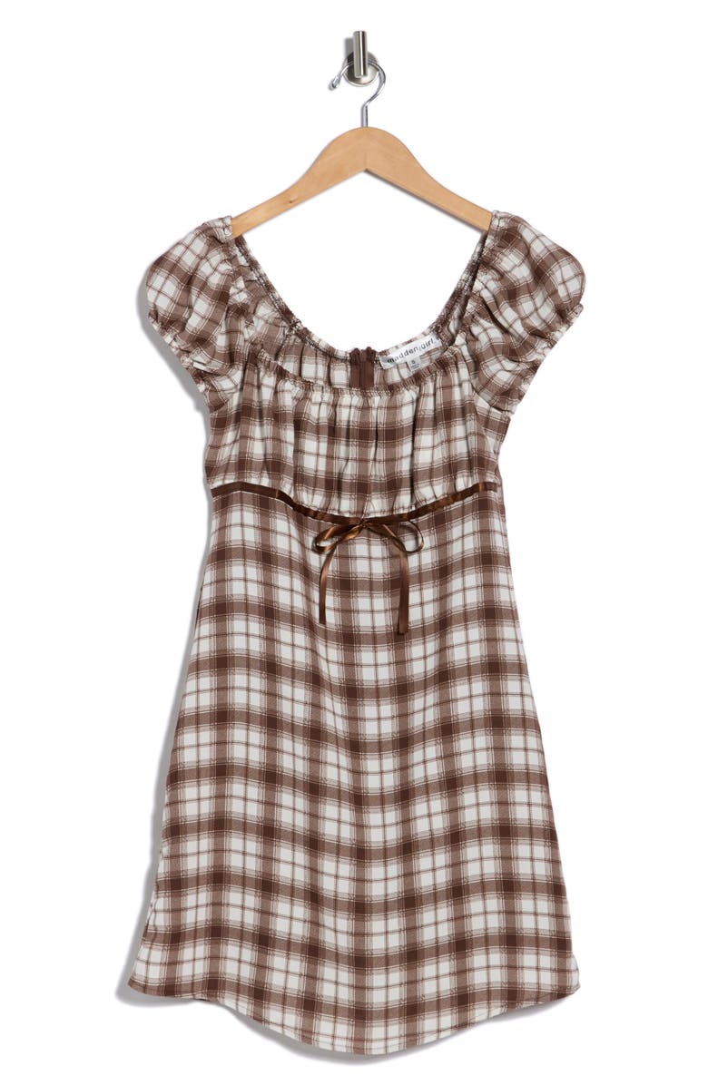 Madden Girl Plaid Puff Sleeve A-Line Minidress, Alternate, color, Cream Mocha
