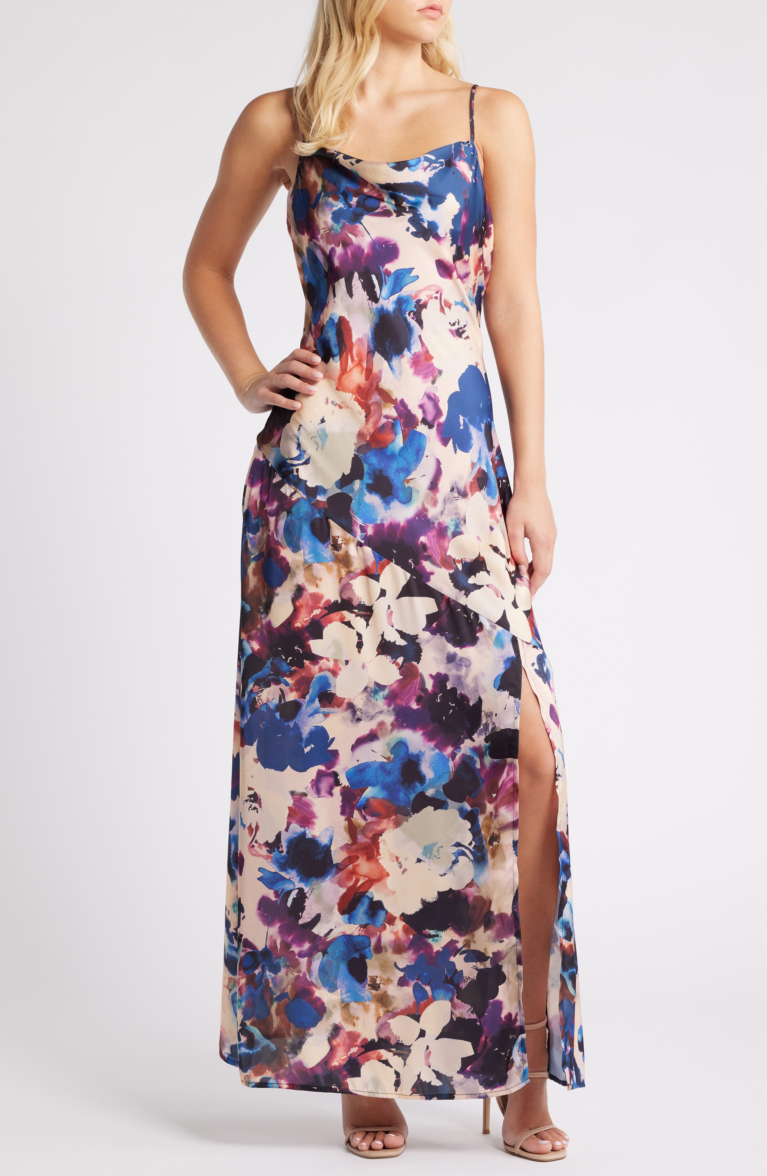 Chelsea28 Print Satin Maxi Dress in Beige Multi Pigmented Floral 