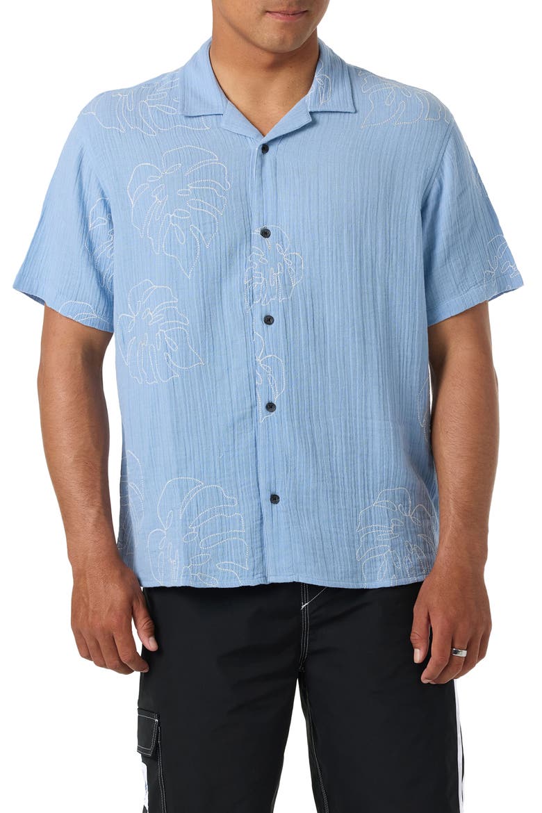 Pipeline Rodeo Monstera Embroidered Gauze Camp Shirt, Main, color, BLUE GLASS