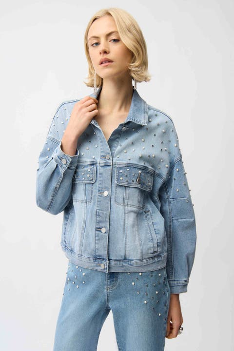 Denim Oversized Jacket With Pearls and Studs