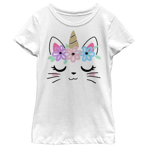 Girls' Kitty Unicorn with Flower Crown Short Sleeve Graphic T-Shirt