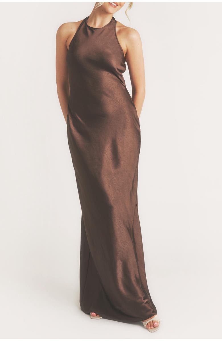 Six Stories Racer Neck Satin Bridesmaid Dress, Alternate, color, Chocolate