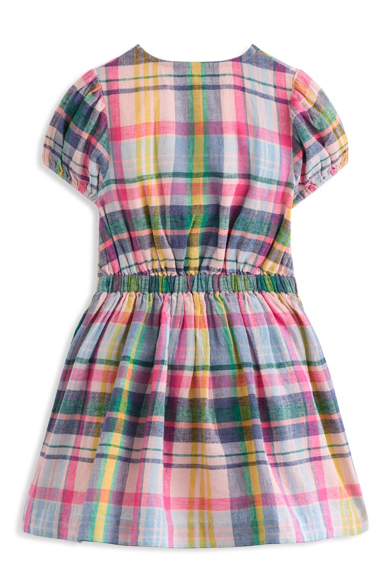 Kids' Tie Front Linen & Cotton Dress, Main, color, PINK BLUE/ GREEN CHECK