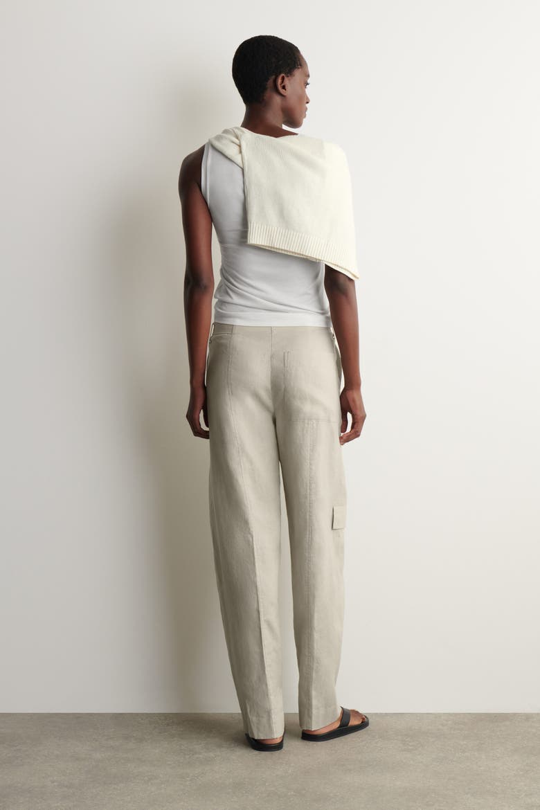 Belted Linen Barrel-Leg Pants, Alternate, color, BEIGE