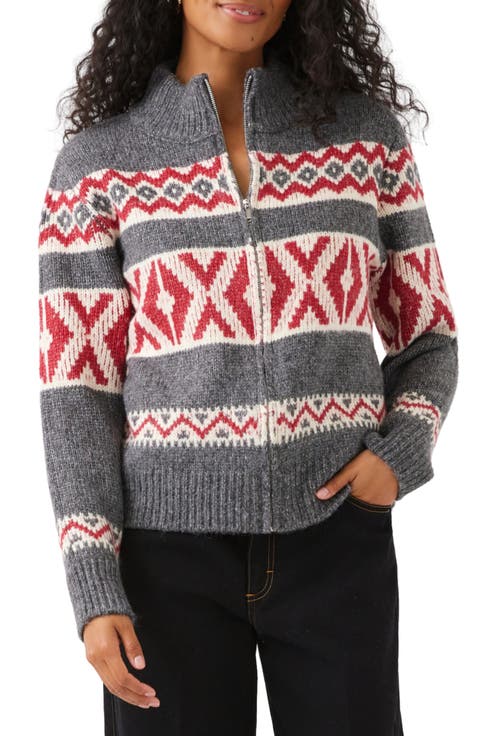 Mock Neck Jacquard Zip Sweater