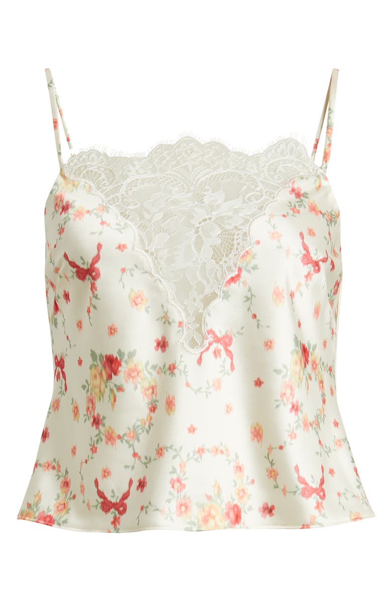 LoveShackFancy Constantina Floral Print Lace Satin Camisole, Alternate, color, Ecru Gardenia