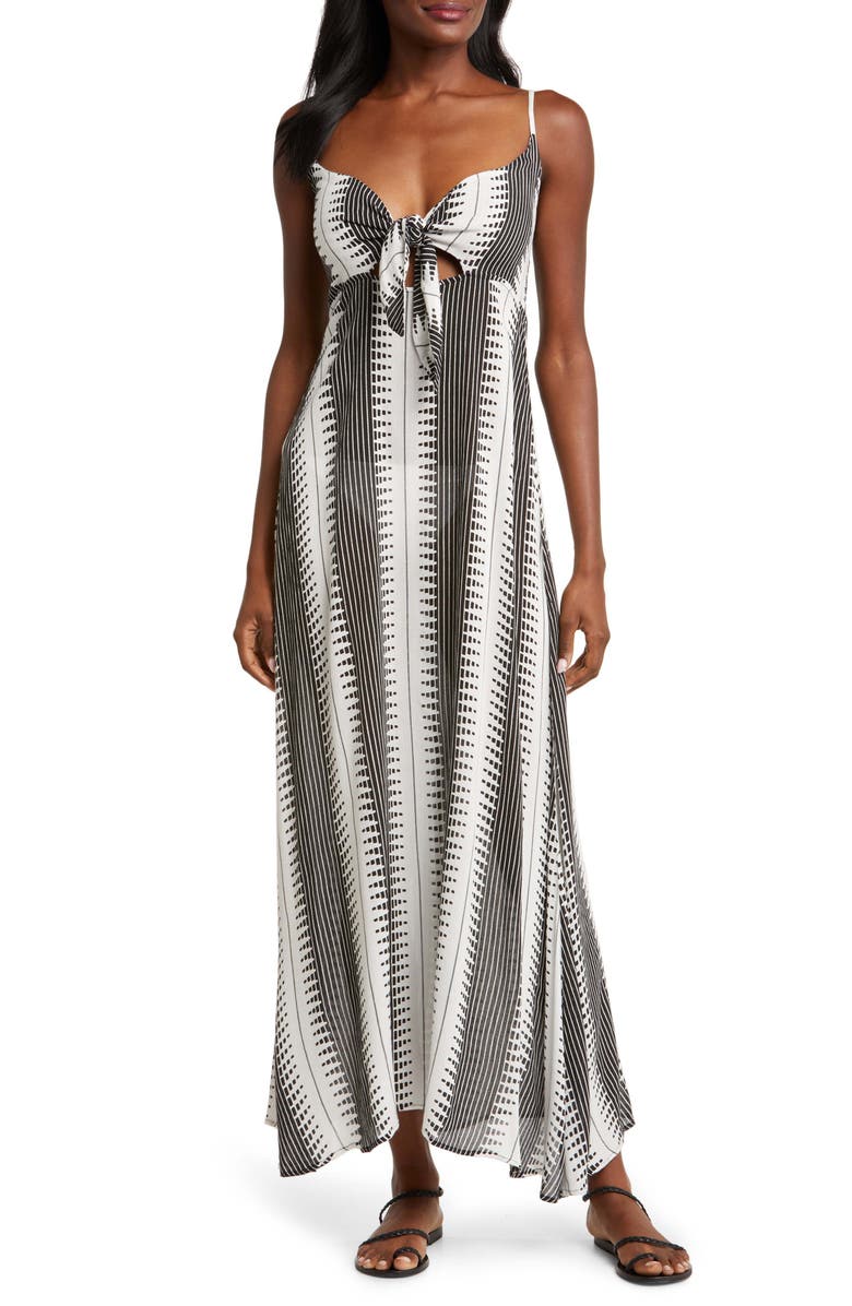 Elan Cutout Tie Front Maxi Cover-Up Sundress, Main, color, Black/White Kenya
