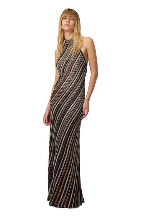 Long Dress With Halter Neck And Herringbone Stripe Knit