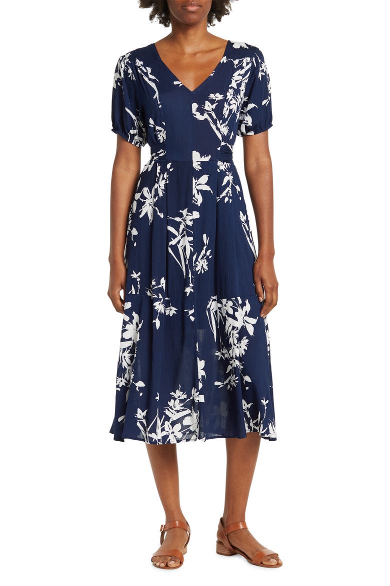 Floral Woven Short Sleeve Mini Dress, Main, color, NAVY WHITE
