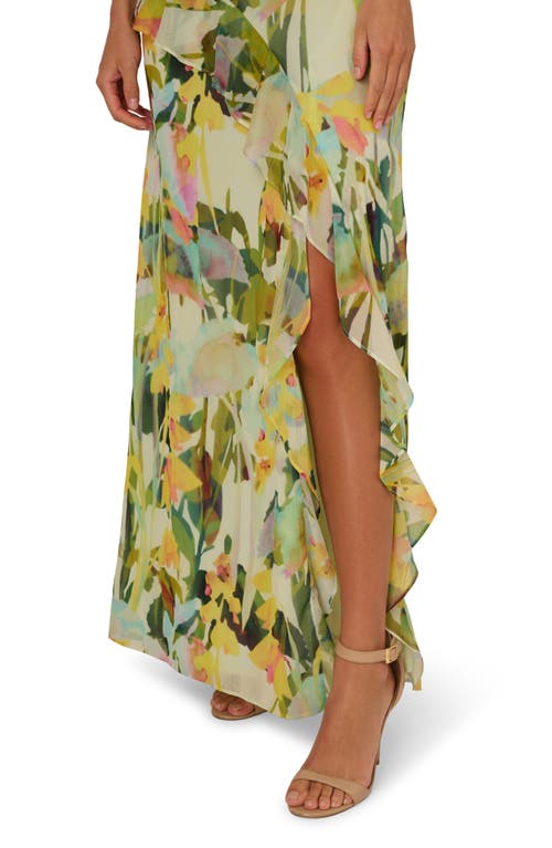 ADRIANNA PAPELL ADRIANNA PAPELL FLORAL CASCADE RUFFLE CHIFFON GOWN