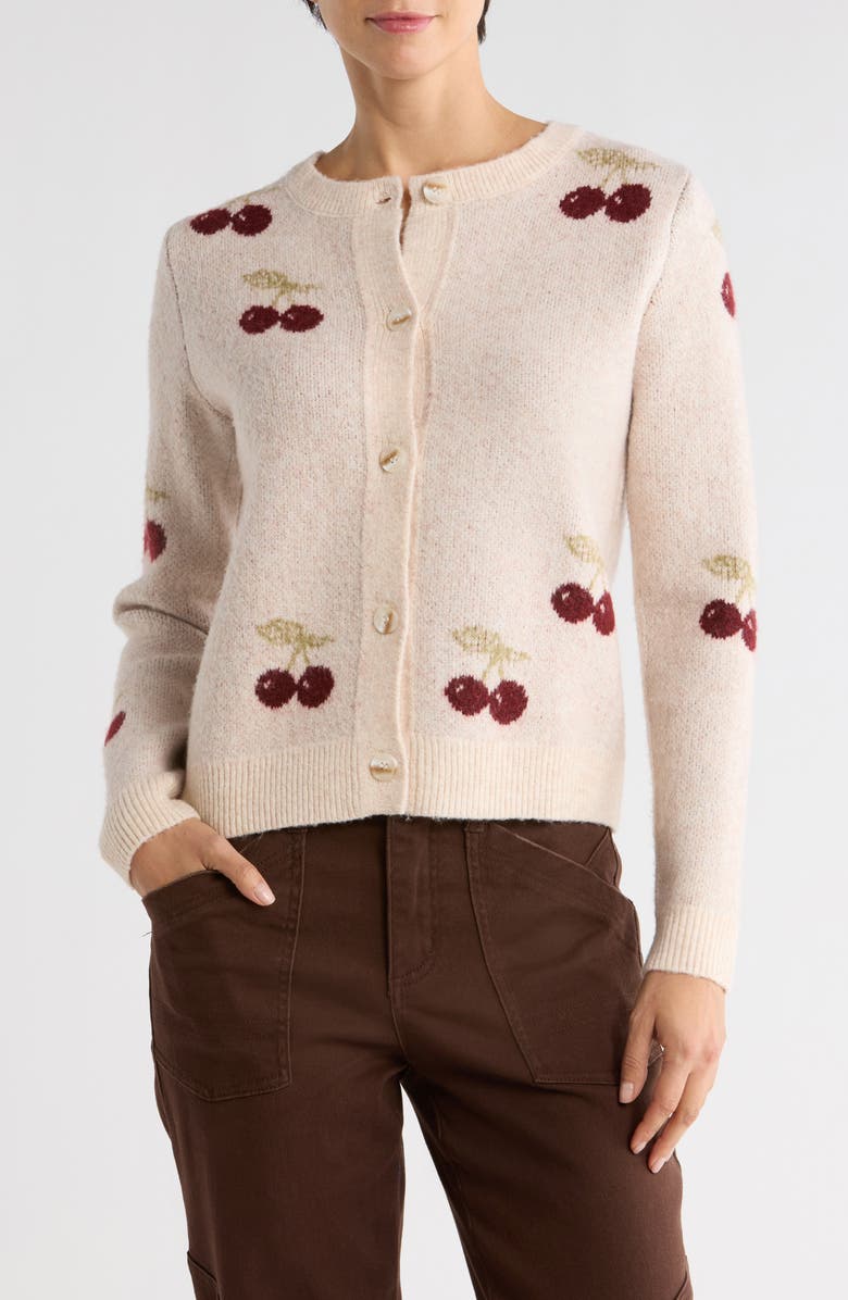 Bobeau Cherry Jaquard Cardigan, Main, color, Oatmeal/ Dark Red