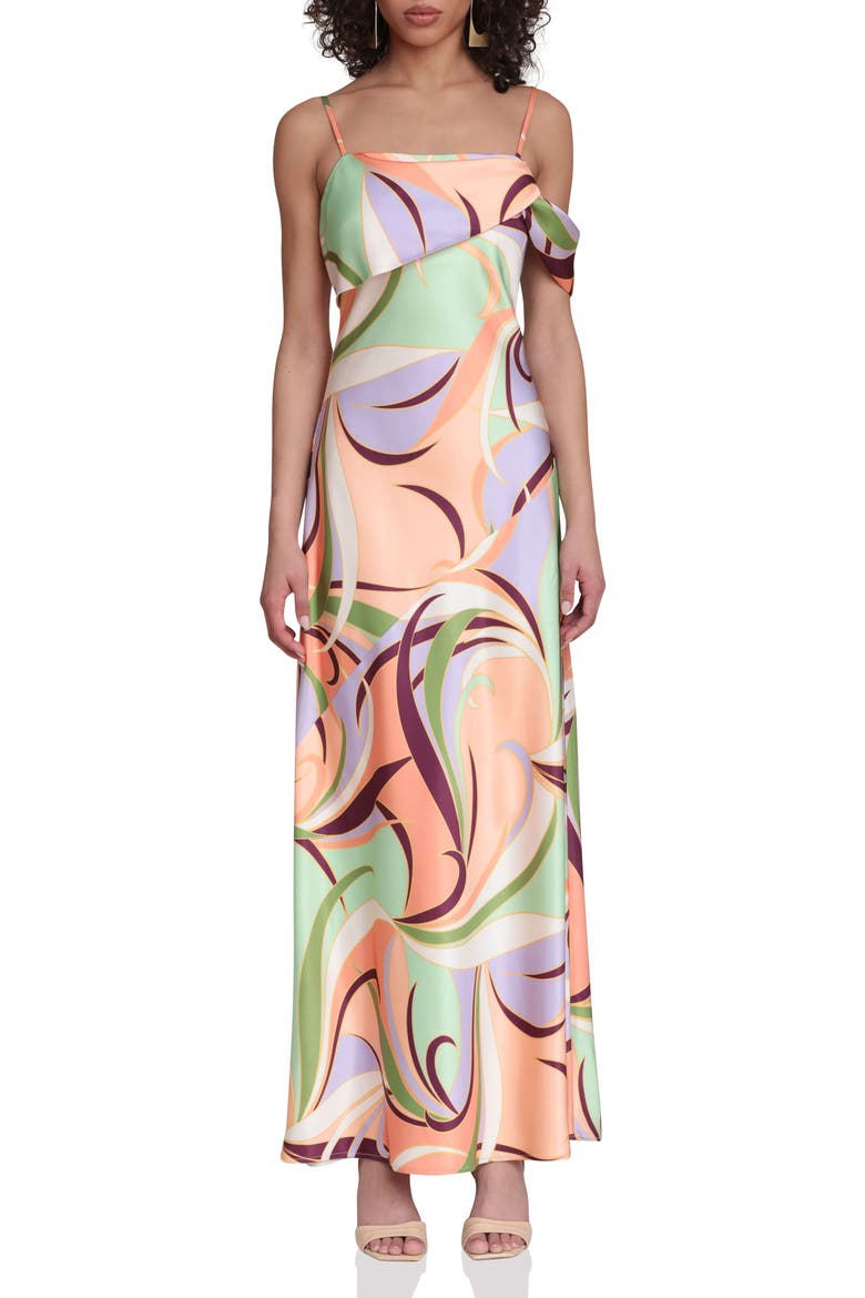 Floral Print Asymmetric Satin Maxi Dress, Main, color, RIVERA FAN