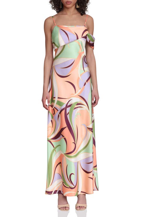 Floral Print Asymmetric Satin Maxi Dress
