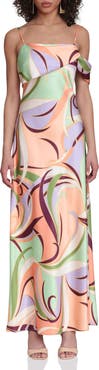 Avec Les Filles Floral Print Asymmetric Satin Maxi Dress