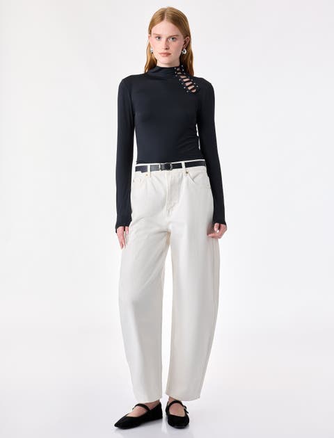 Slim Fit Stand Collar Long Sleeve Top With Cutout Detail