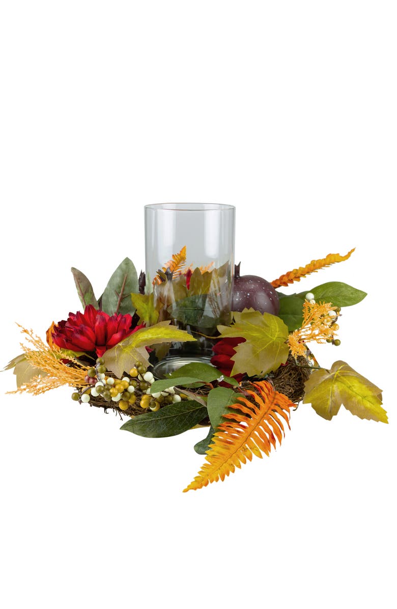 Northlight Mums with Pomegranate Fall Harvest Pillar Candle Holder Centerpiece - 22", Alternate, color, Red