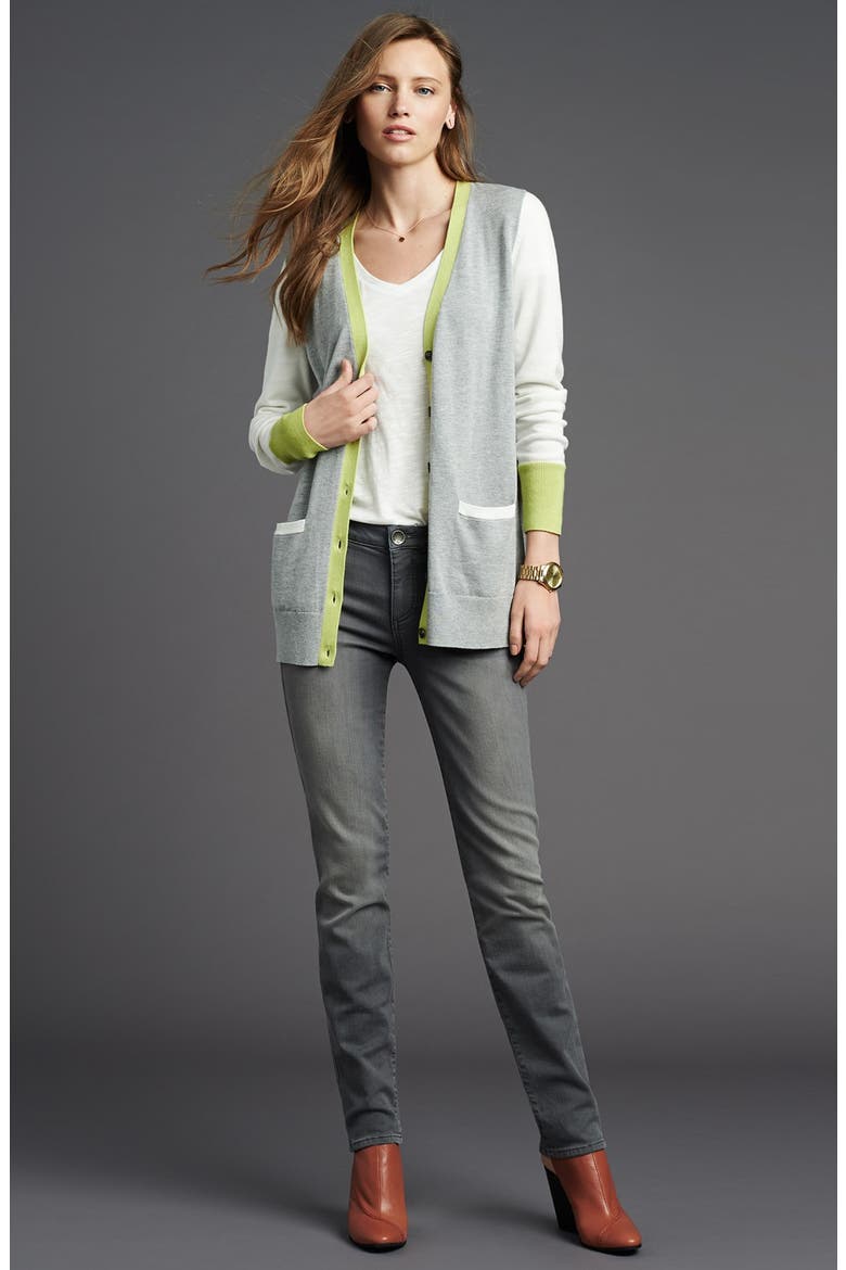 'Collegiate' V-Neck Cardigan, Alternate, color, BLACK- IVORY STRIPE