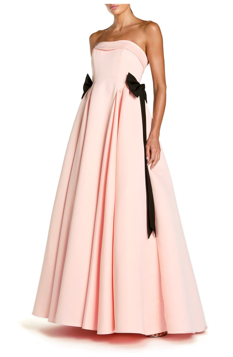 Mac Duggal Satin Strapless Ball Gown With Bow Details, Main, color, Blush