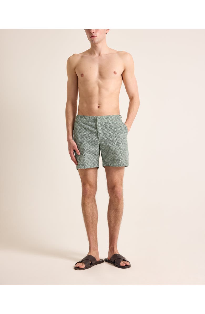 Orlebar Brown Bulldog Mid-Length Classic Fit Swim Shorts With Portico Print, Alternate, color, Tarragon Green