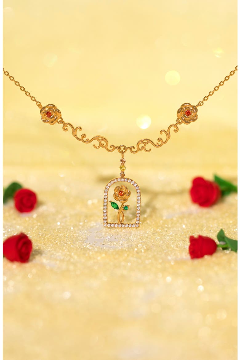 Kids' Disney Belle Rose Pendant Necklace, Alternate, color, GOLD