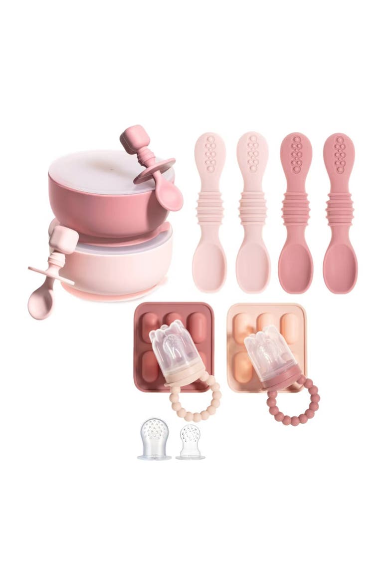 Silicone Suction Bowl Set with Lids, Soft Led Weaning Feeding Spoons, Fruit Feeders, Freezer & Dishwasher Safe, Main, color, Pink