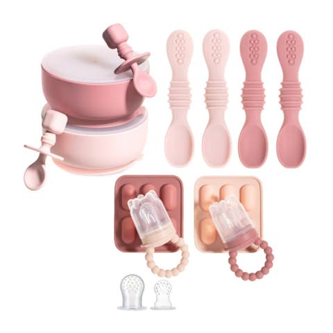 Silicone Suction Bowl Set with Lids, Soft Led Weaning Feeding Spoons, Fruit Feeders, Freezer & Dishwasher Safe