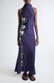 Rabanne Embroidered Mock Neck Sleeveless Satin Gown