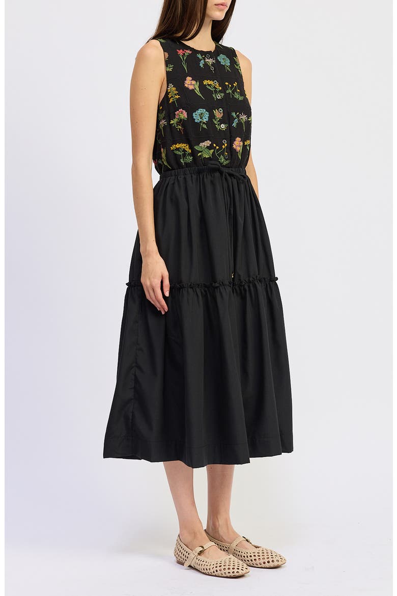 Lia Embroidered Tie Waist Sleeveless Midi Dress, Alternate, color, BLACK MULTI