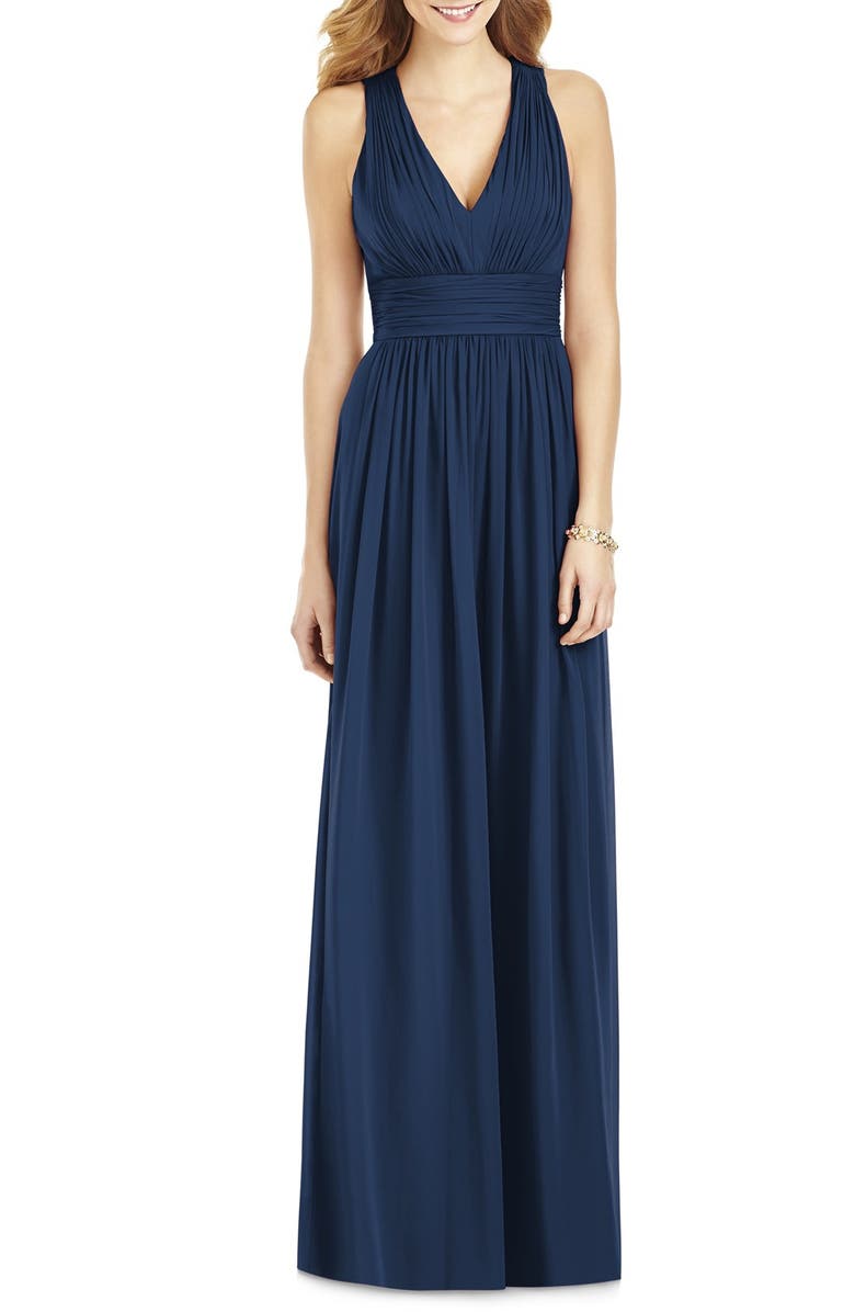 After Six Crisscross Back Ruched Chiffon V-Neck Gown, Alternate, color, 