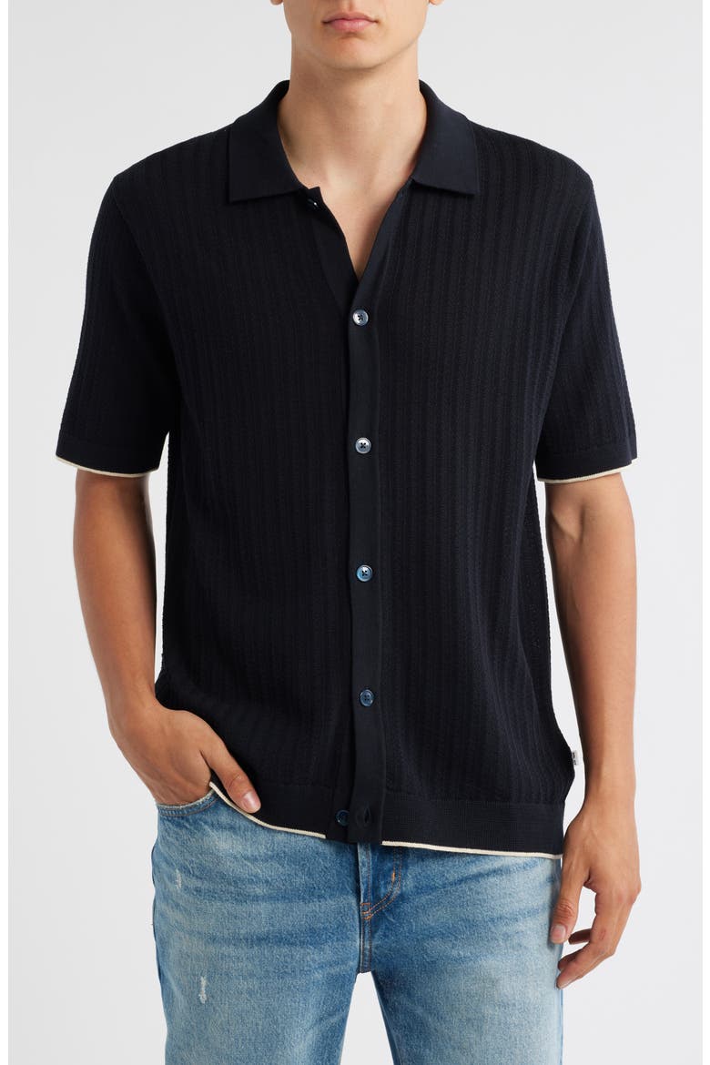 Nalo 6561 Short Sleeve Knit Cotton Button-Up Shirt, Main, color, NAVY BLUE