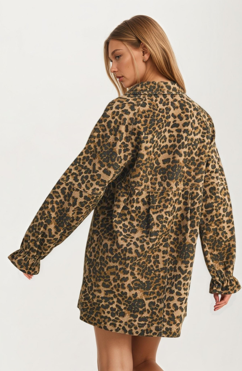 Knit and Lounge Button Front Long Sleeve Shirt Dress, Alternate, color, Leopard Print