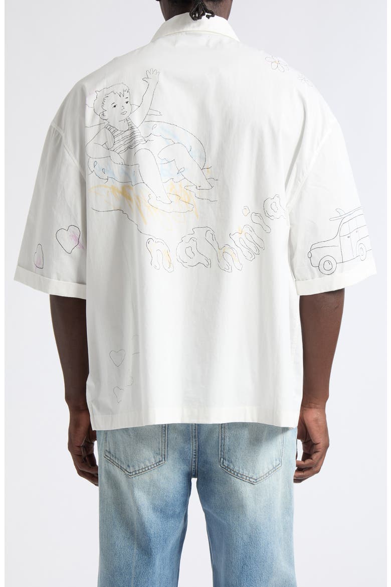 Oversize Scribble Short Sleeve Cotton Poplin Button-Up Shirt, Alternate, color, WHITE POPLIN