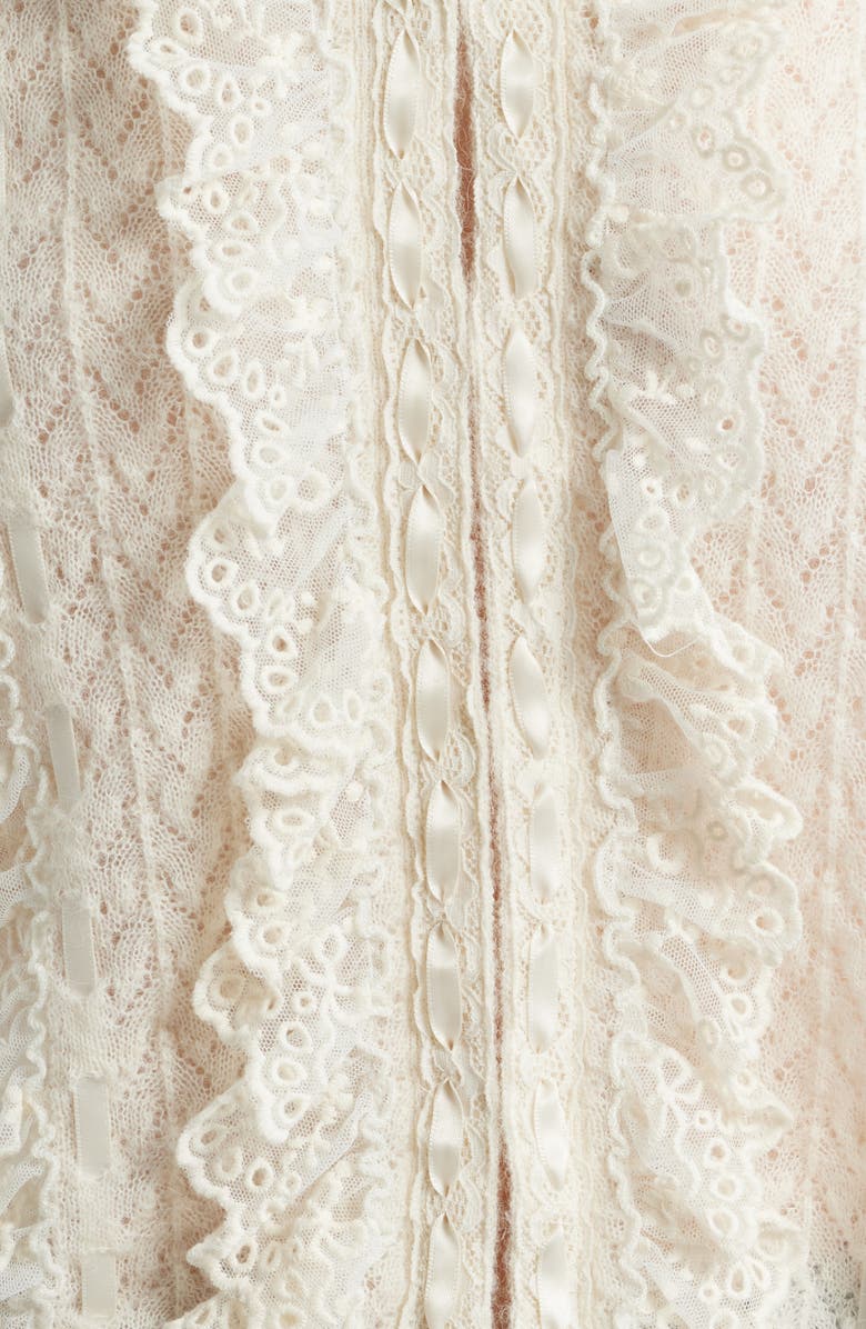 LoveShackFancy Melisse Lace Ruffle Alpaca & Wool Blend Cardigan, Alternate, color, Aspen White