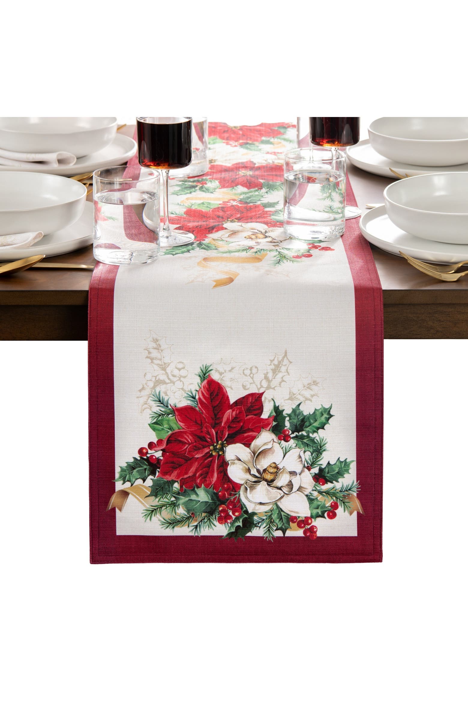 Engineered Cloth Threadmade Poinsettia Garlands Engineered Table Runner | Nordstrom