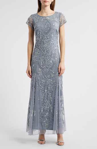 Pisarro Nights Beaded Mesh Midi Cocktail Dress