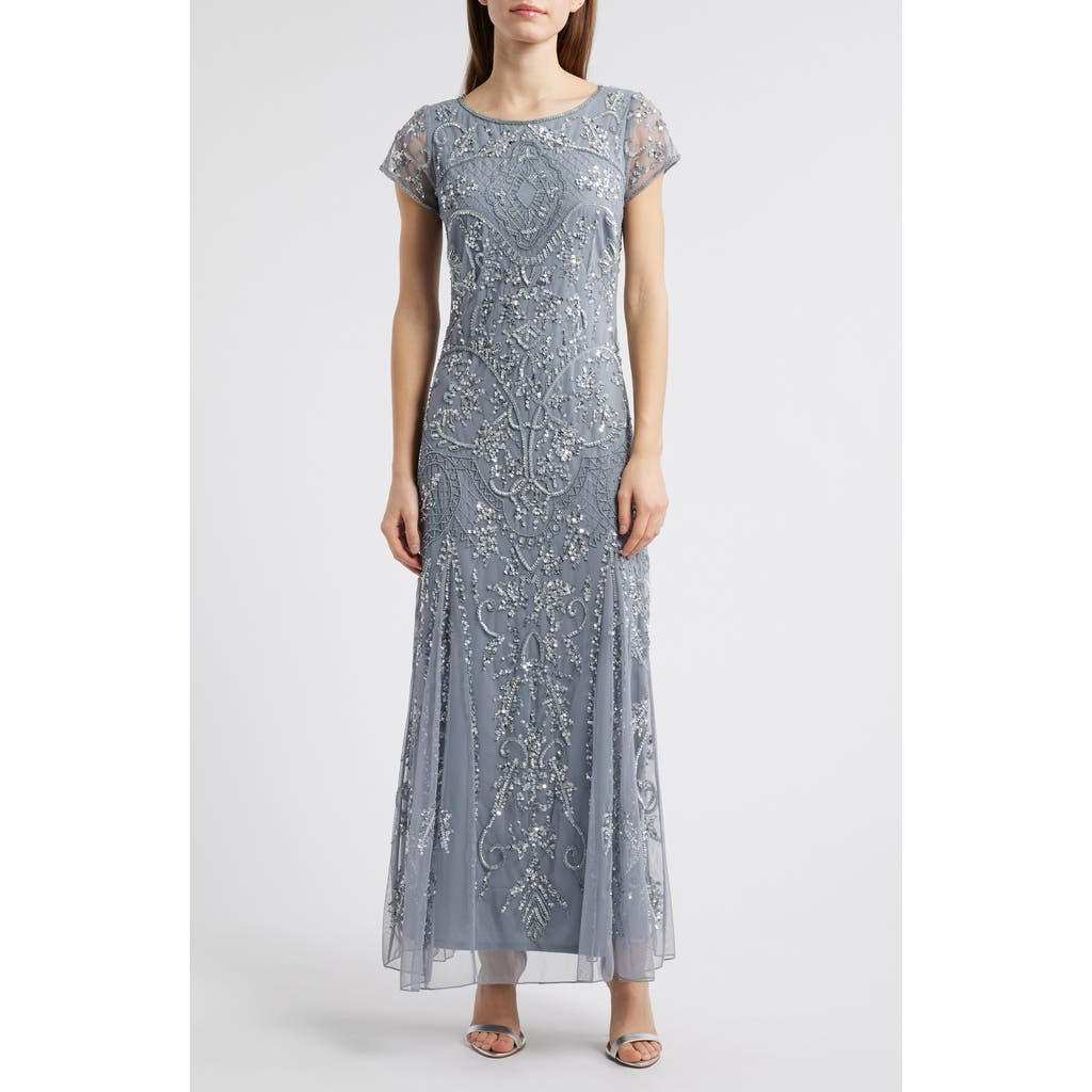 Pisarro Nights Beaded Mesh Midi Cocktail Dress In Soft Blue