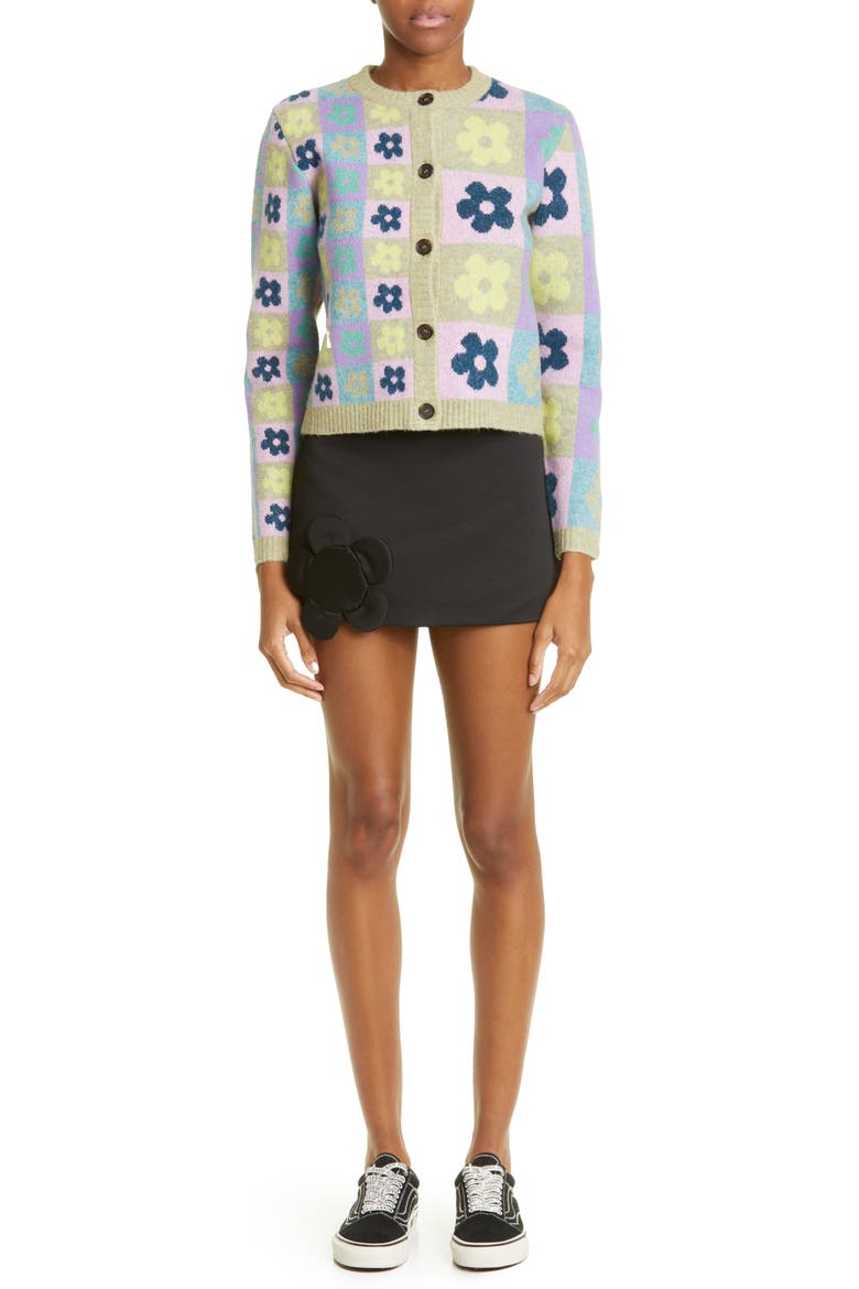 Leaf Floral Appliqué Satin Micro Miniskirt, Alternate, color, BLACK
